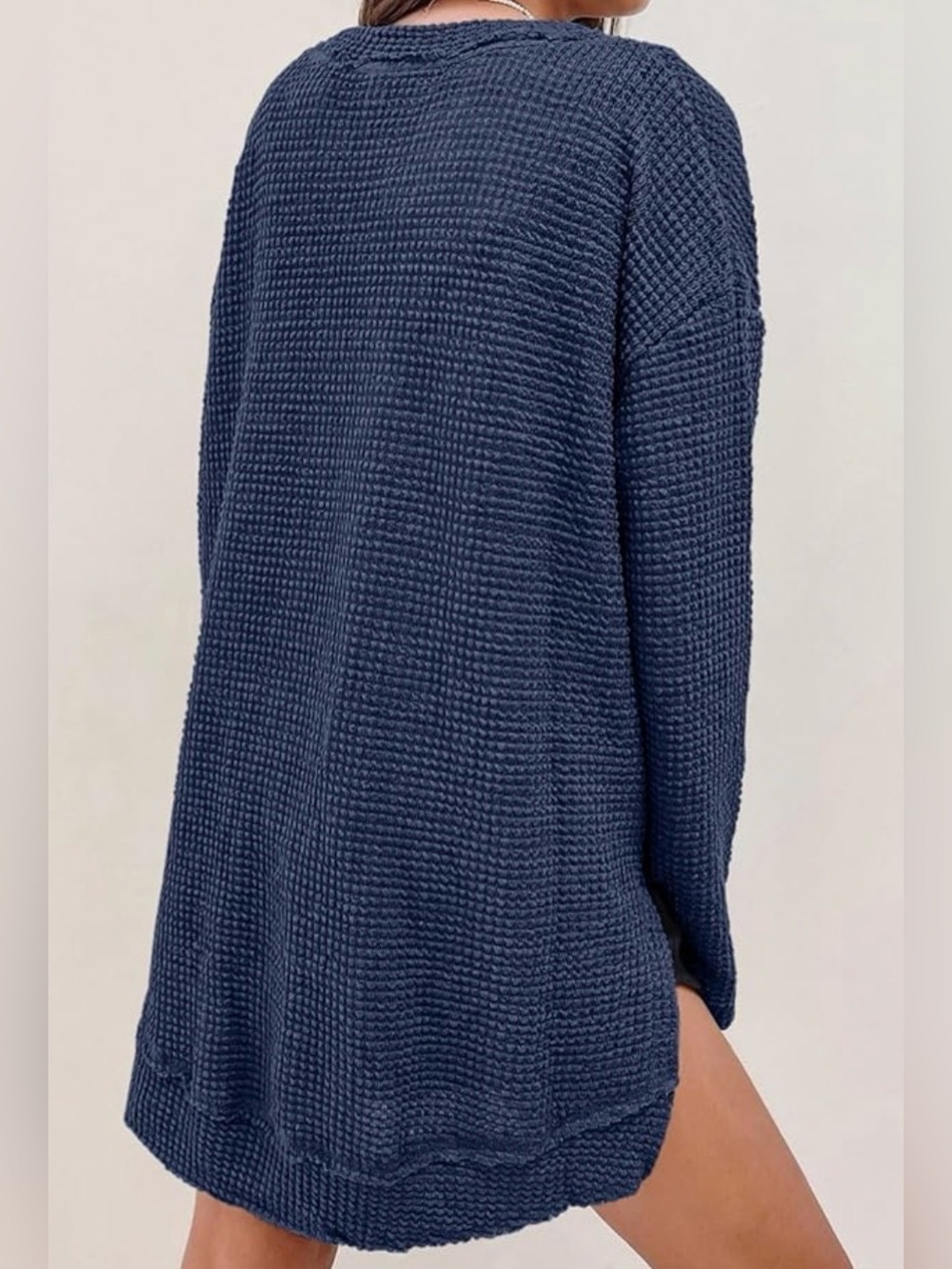 Cozy Waffle Knit Long Sleeve Sweater - Navy - Picture 2 of 6
